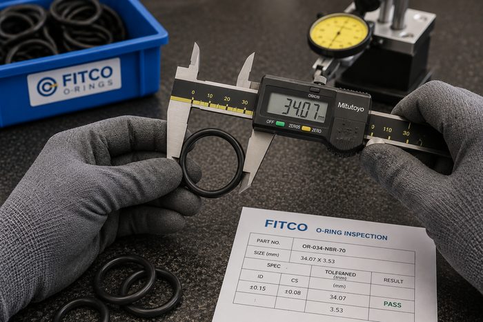 FITCO O-Ring inspection — dimensional check with digital caliper against batch spec sheet